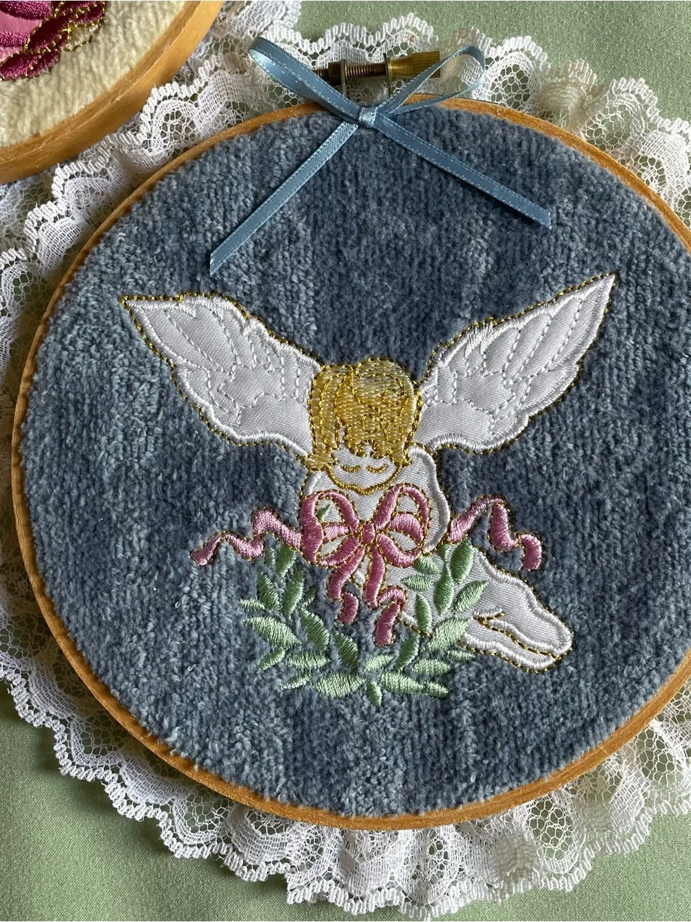 Vintage Angel Embroidered Wall Hanging Set Of 3 Lace Trim Handmade Decor